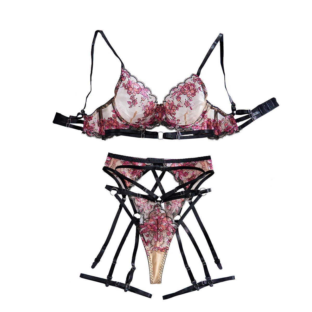Floral Embroidery Eyelash Lace Lingerie Set | Women's 4-Piece Bandage Underwear