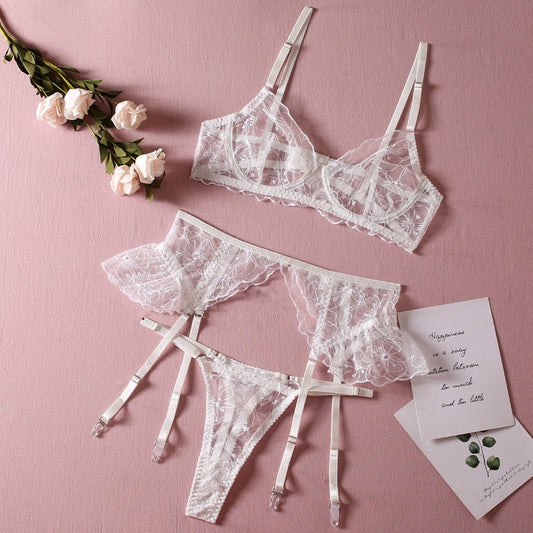 Embroidery Perspective Ruffles with Steel Rims Sexy Lingerie 3-piece Set eprolo
