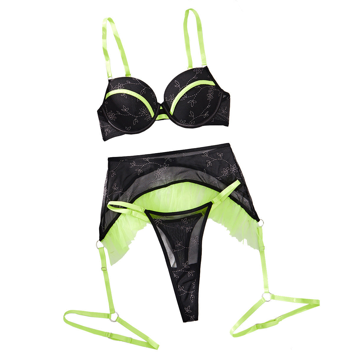 Color blocking perspective mesh sexy lingerie garter belt three piece set eprolo