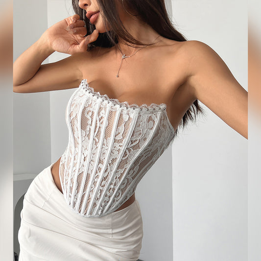 Floral Lace Boned Backless Wrap Top – Princess Style Strapless Crop | KYLALINGERIE