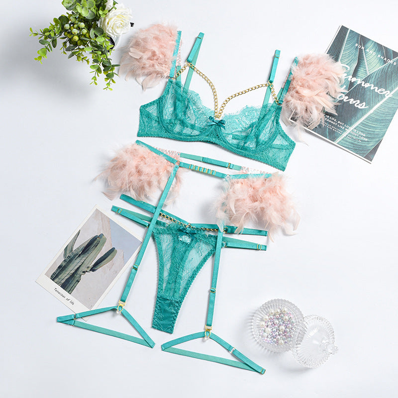 Feather Sexy Lingerie with Chain Lace Transparent Mesh Set for Women eprolo
