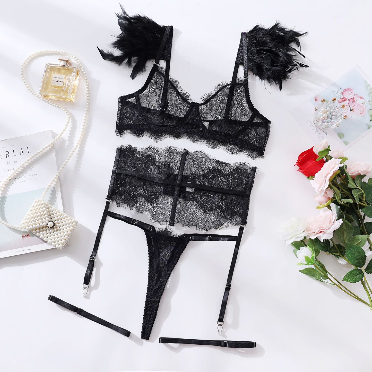 Lace Lingerie Set – Sheer 3-Piece Bodysuit & Net Dress | KYLALINGERIE