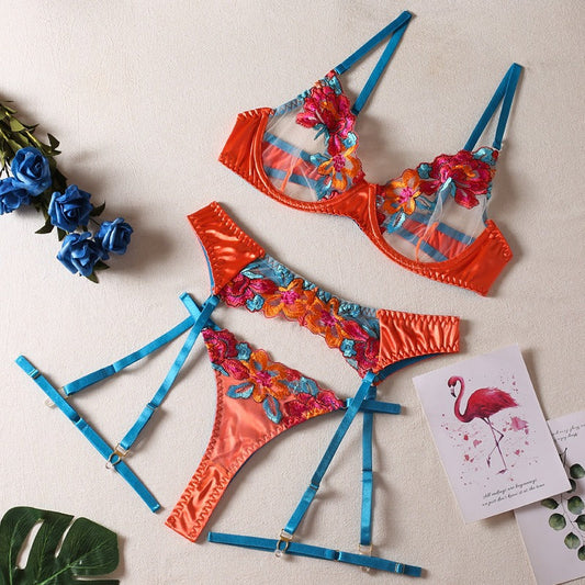 Sexy Colorful Embroidered Large Flowers With Steel Ring Bra Garter Belt Leggings Thong Erotic Underwear 4Pcs Set eprolo