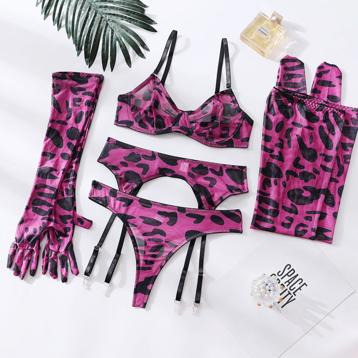 Lingerie Set with Gloves and Stockings - Mesh Printed Design eprolo