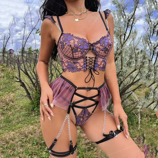 Thin Embroidered Bra Set Mesh Flower Underwear Women's garter Belt eprolo