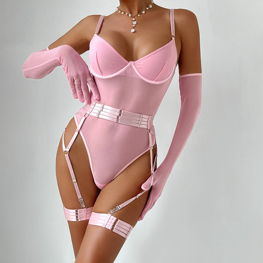 Tulle Bodysuit Lingerie Set with Gloves & Garter – Sheer Mesh Underwear