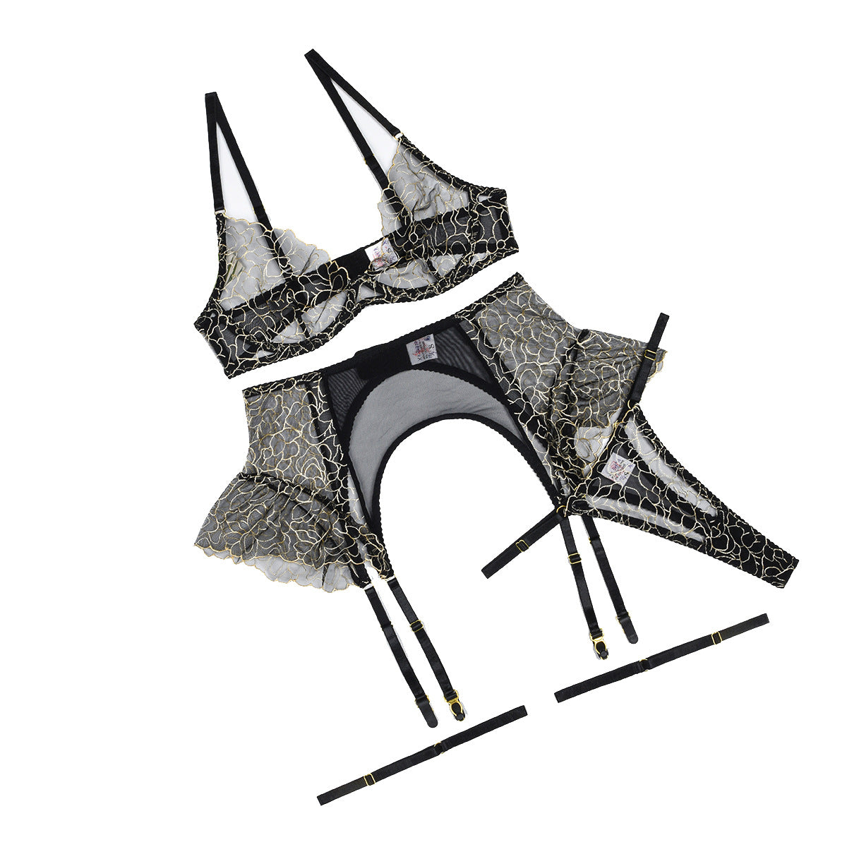 Embroidered lace patchwork mesh ruffle edge sexy lingerie garter belt four piece set eprolo