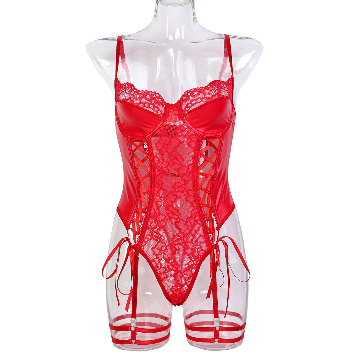 Black Lace Strap Bow Splicing PU Leather Sexy Fitted Jumpsuit Women