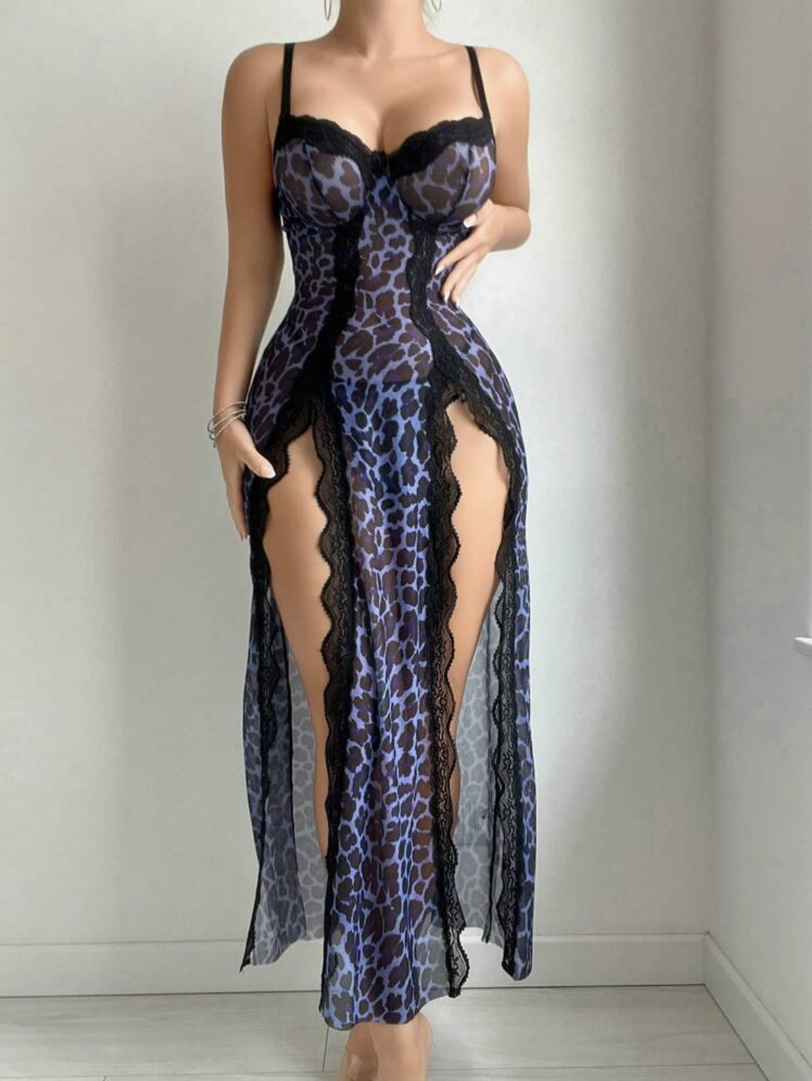 Sexy Transparent Leopard Print Nightgown and Lingerie Set eprolo