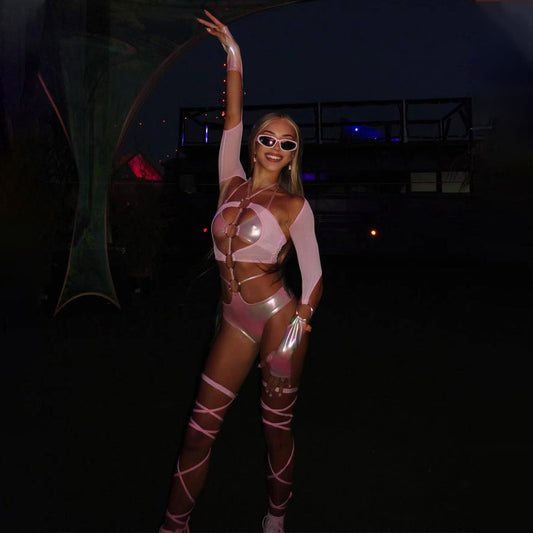 New Pure Desire Mesh Splicing Leather jumpsuit eprolo
