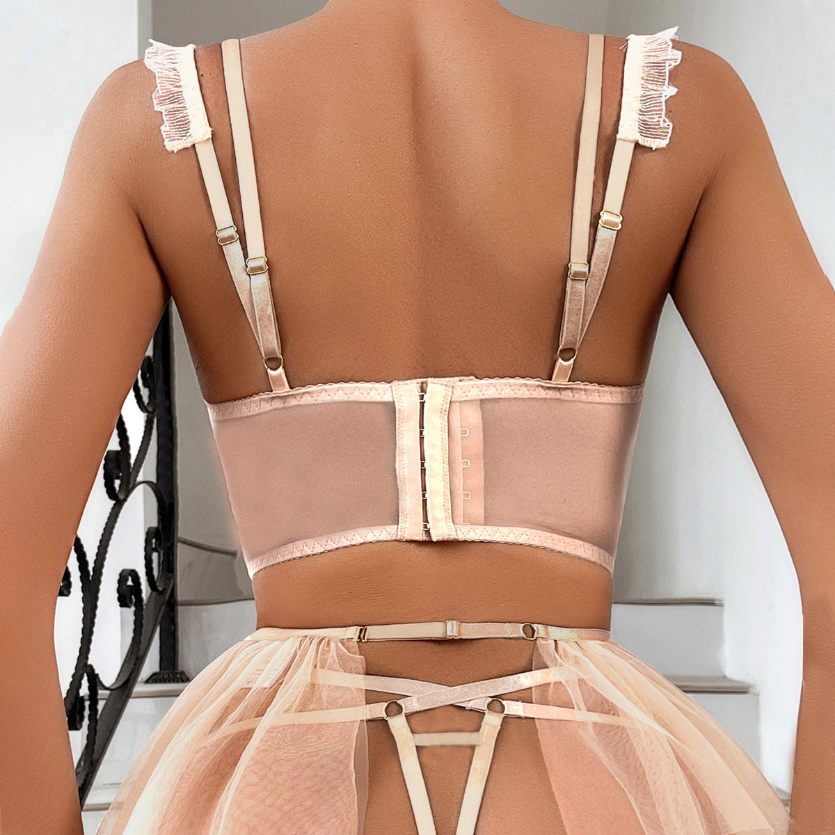 Lingge Embroidery Sexy Strap Mesh Puff Skirt Sexy Underwear Set eprolo