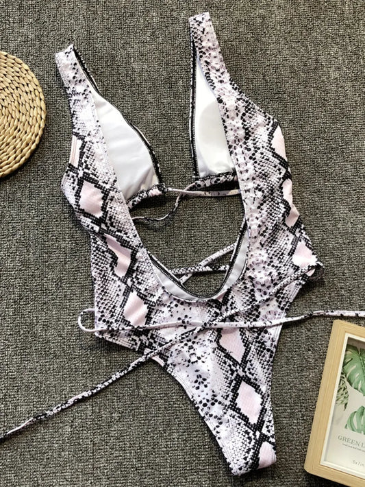 Snake Print Lace-Up Backless One-Piece Swimsuit | Women's Swimwear
