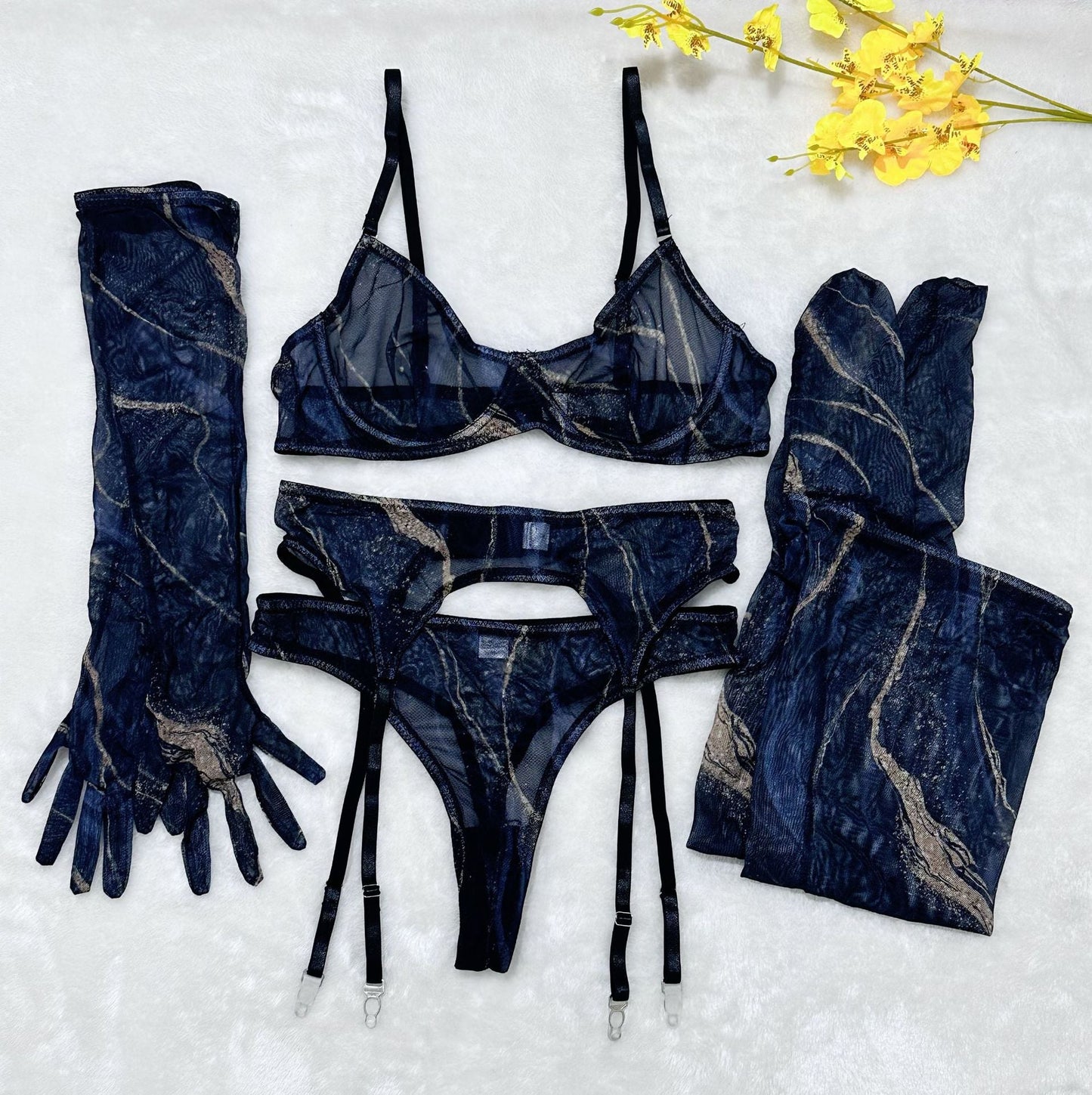 Tie-Dye Colorful Small Bust Gathering Mesh Sexy Lingerie Five-Piece Set for Women eprolo