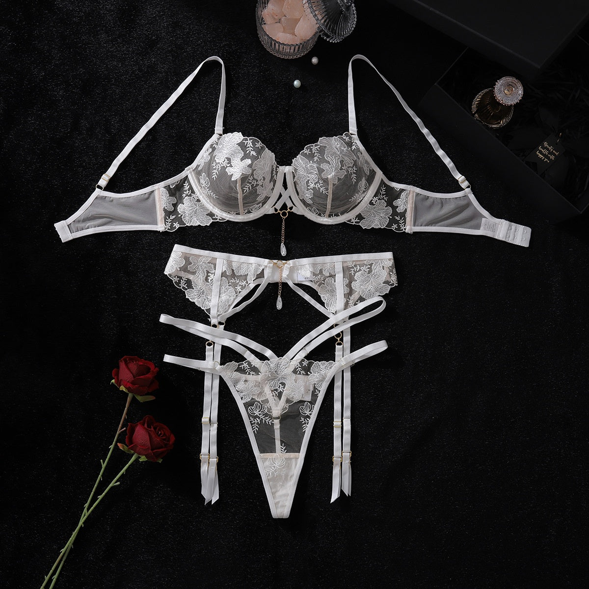 Perspective embroidery sexy lingerie garter belt leg ring three piece set with steel ring eprolo