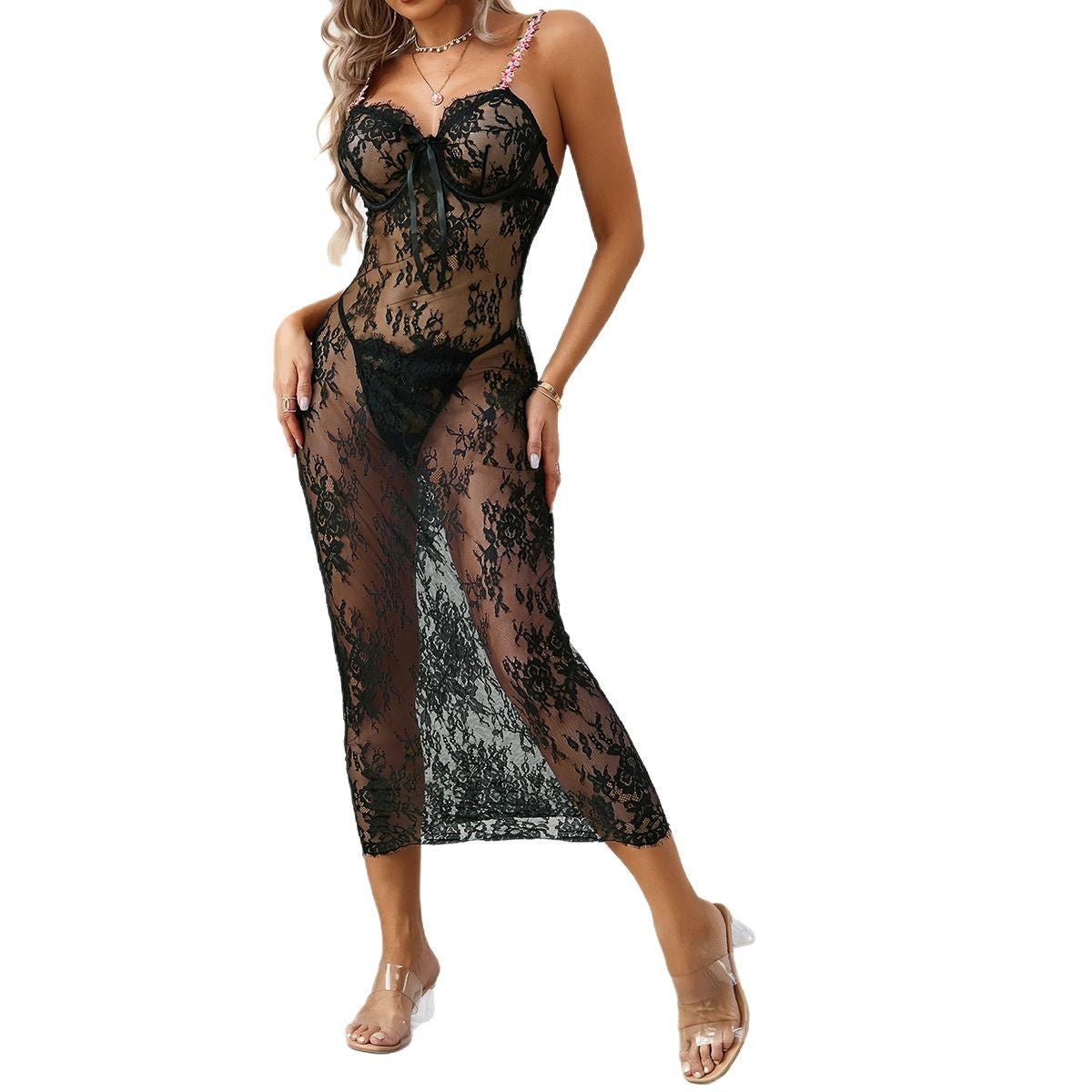 Floral Lace Strapless Long Dress Set | Women's 2-Piece Lingerie