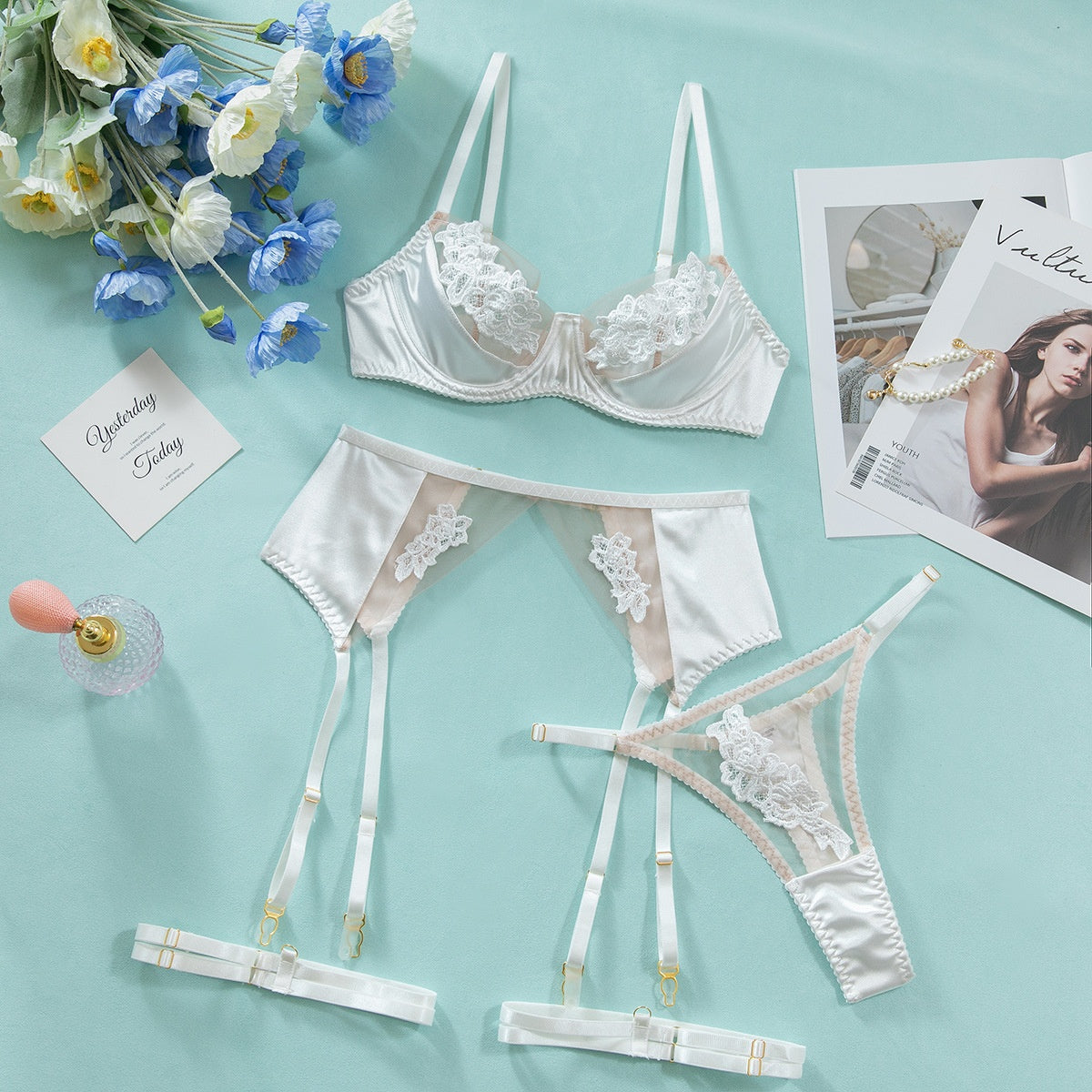 Women's Sheer Mesh Lingerie Set – Lace Embroidery Push-Up Bra, Thong & Garter 4-Piece