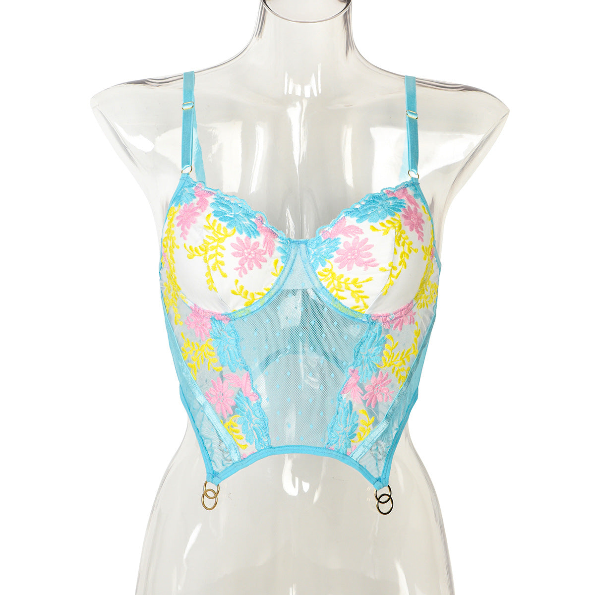Floral Embroidery Crop Tank Top – Colour Block Chest Lining in Lake Blue | KYLALINGERIE