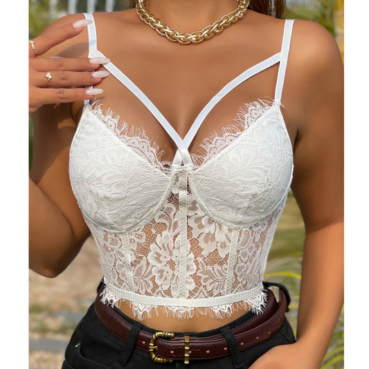 Women's Lace Hollow-Out Bralette – Sexy V-Neck Transparent Spaghetti Strap Top