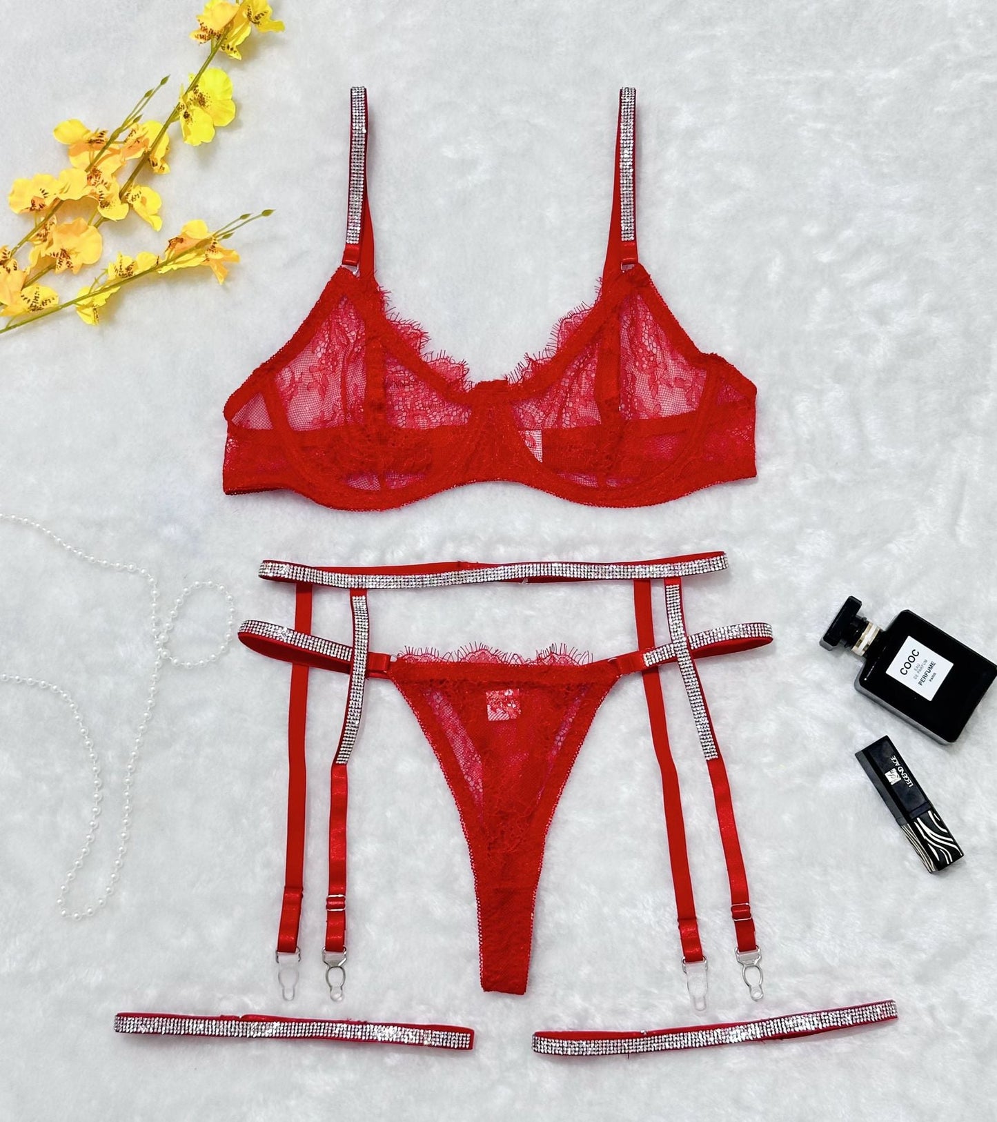 Cross-border Sexy Lingerie Lace Trim Rhinestone Transparent Thong Garter Belt Four-piece Set eprolo