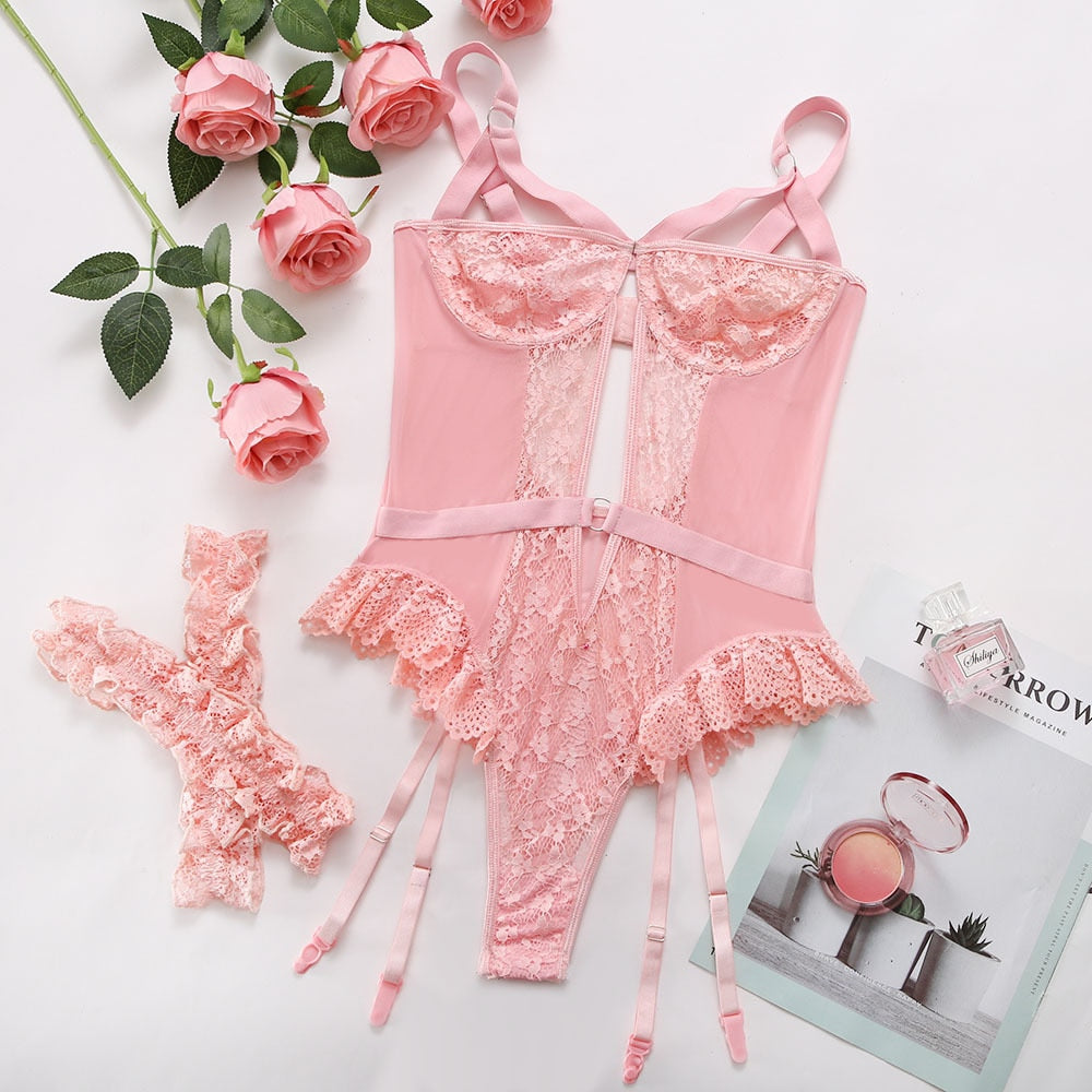 Eprolo sexy lingerie bodysuit with ruffled lace, hollow-out design, crotchless teddy, and sheer tights, featuring a sensual babydoll style.