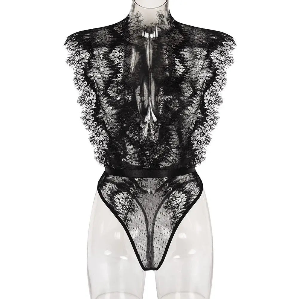 New jumpsuit INS sexy eyelash lace stitching deep V slimming jumpsuit lingerie eprolo