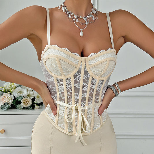 Tie-Back Lace Trim Corset Crop Top – A-Line Sheer Strapless in Apricot & Black | KYLALINGERIE