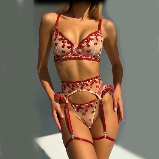 Sexy lingerie four piece set with heart embroidery mesh Lingerie sexy bra eprolo