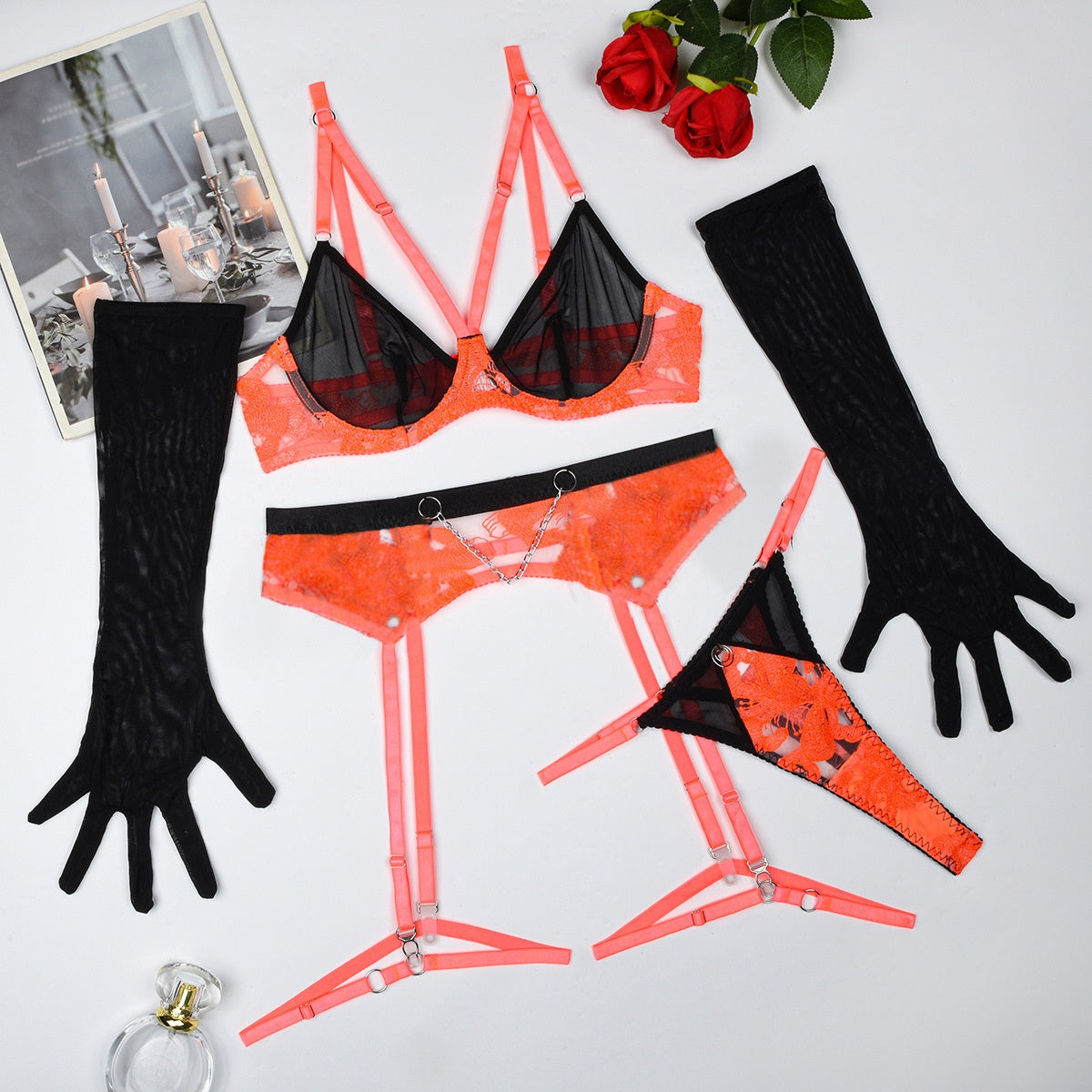 Colorful Embroidered Sexy Underwear Glove Five Piece Set eprolo