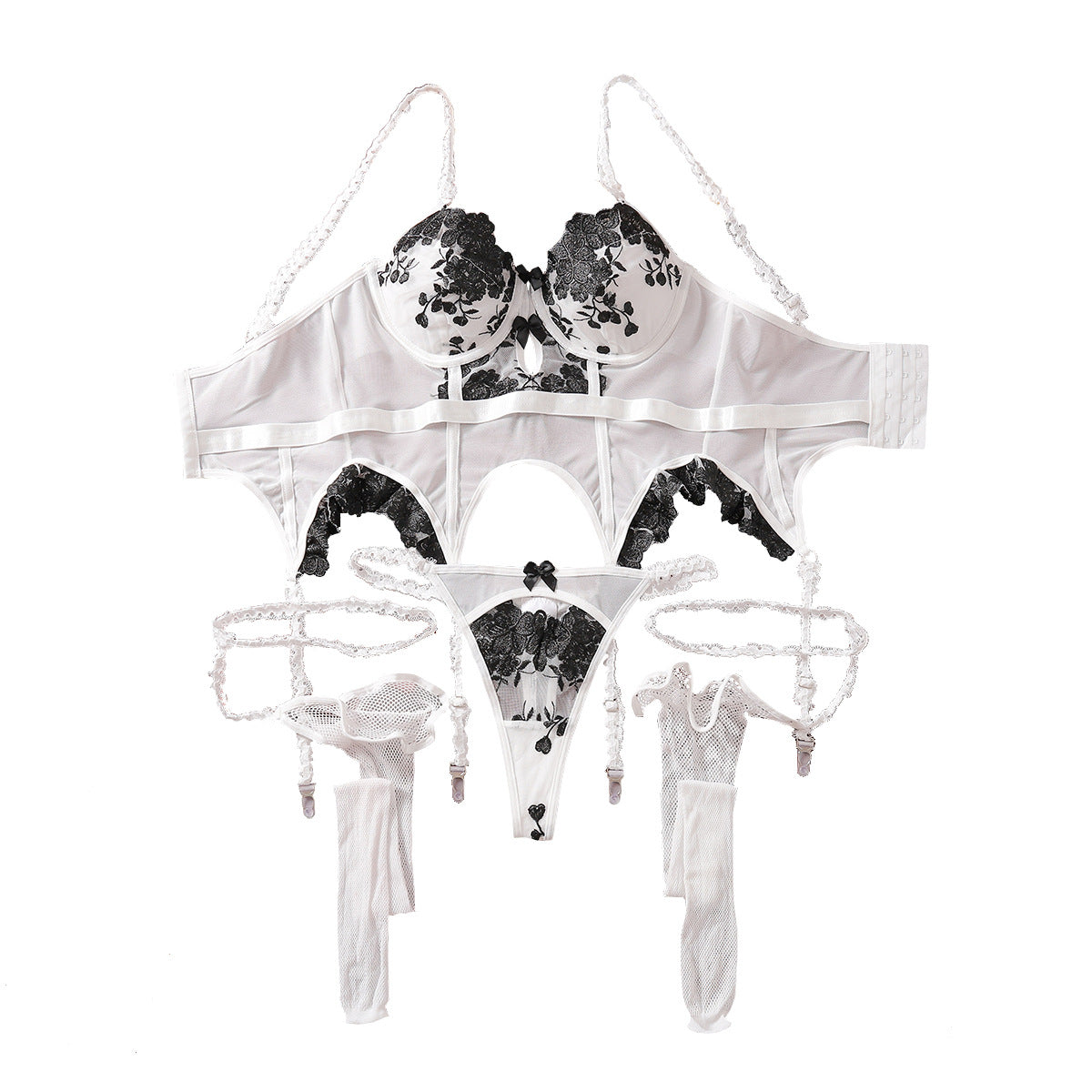 Black and White Embroidered Flower Sexy Lingerie Set with Leg Garters - Three Piece Set eprolo