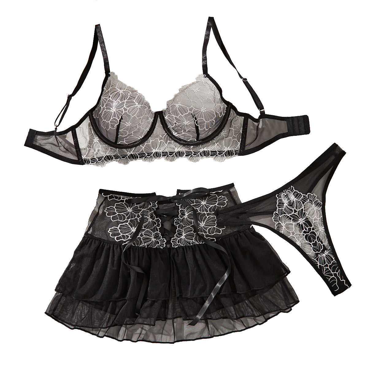 Flower embroidery splicing perspective mesh sexy strap short skirt three piece set eprolo