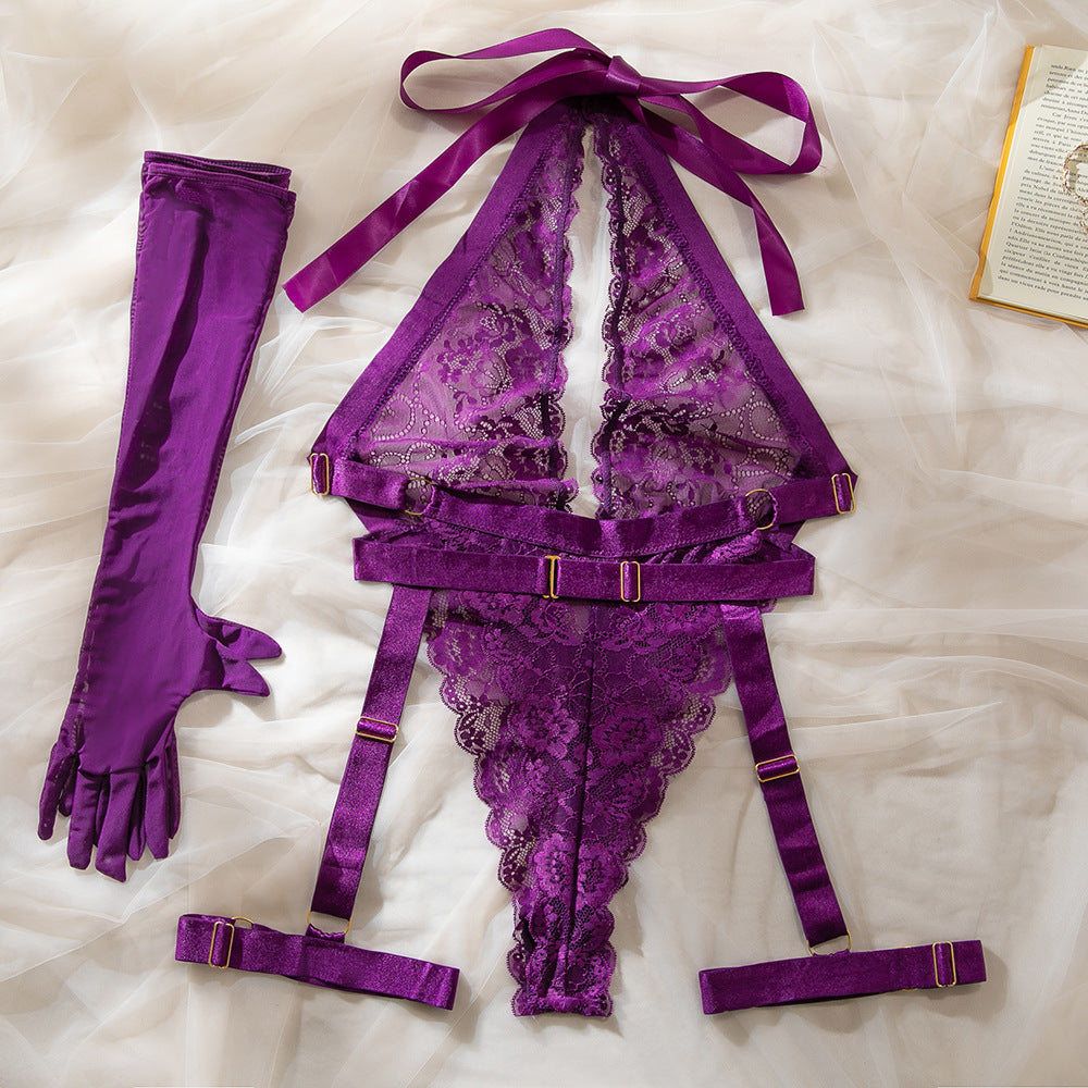 Purple Sexy Lace Halter Jumpsuit Deep V-Neck Sheer Shapewear with Suspender Stockings and Gloves Set eprolo