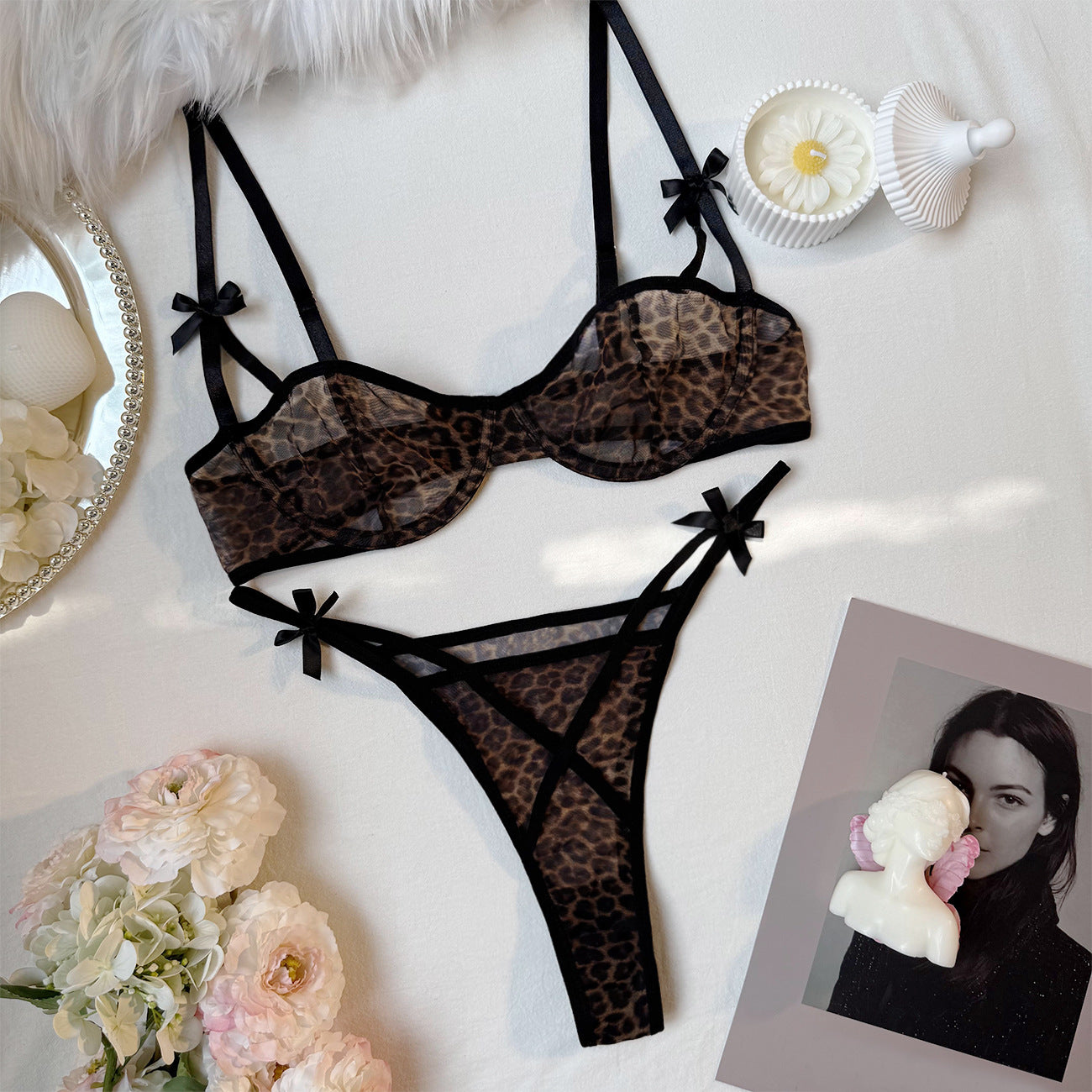 Leopard print sexy lingerie set by eprolo featuring a French bra and ultra-thin mesh underwear.