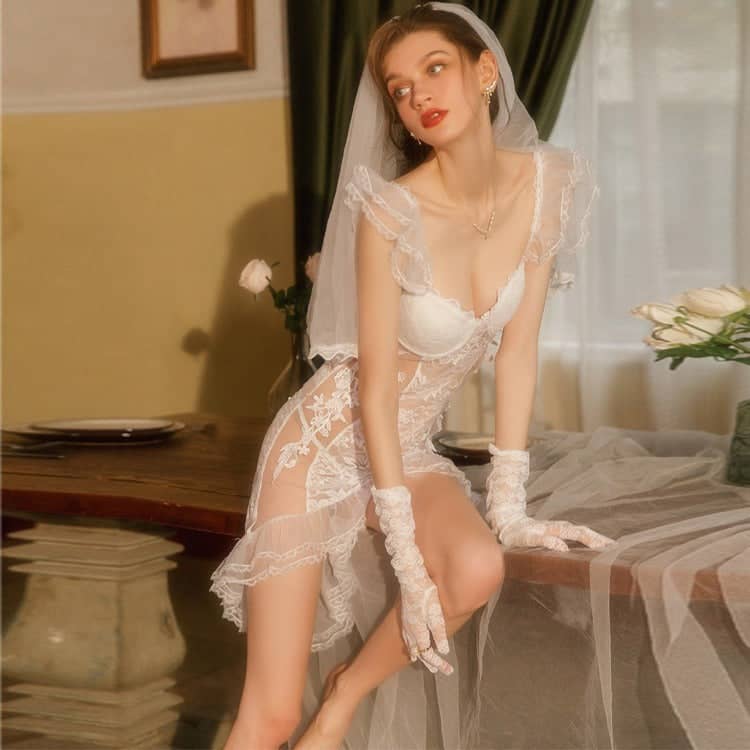 Thin Lace Perspective Mesh Long Bridal Dress Wedding Gown Nightwear Seduction Funny Role Playing Uniform eprolo
