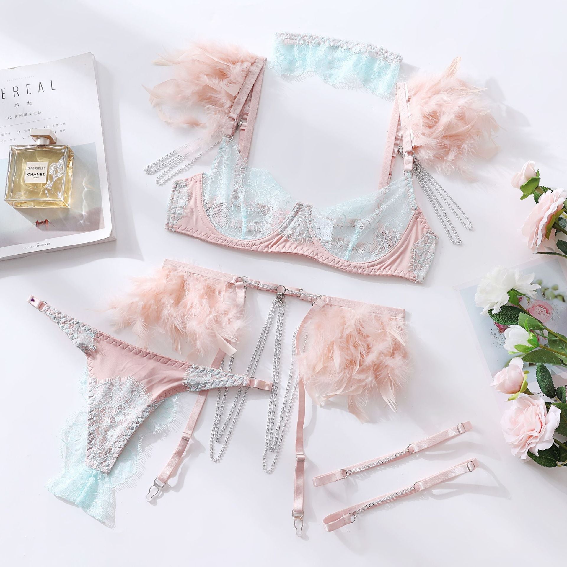Feather Sexy Lingerie Lace Chain Bra Set European and American Transparent Mesh Suit eprolo