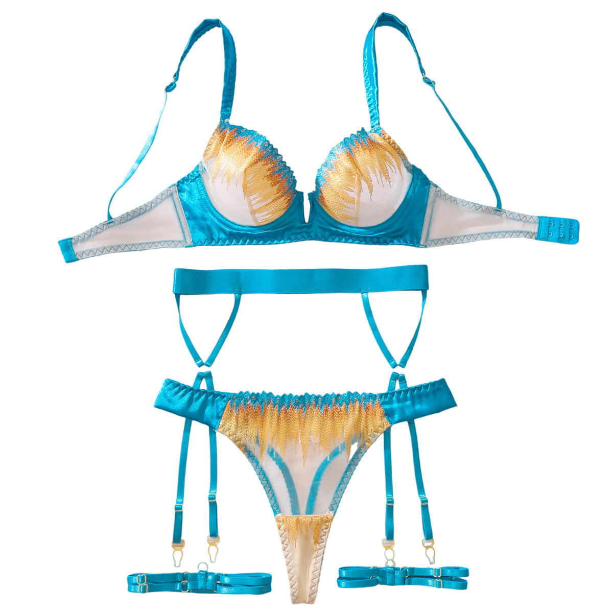 Color blocking embroidery perspective with steel ring gathering and shaping split and sexy lingerie set eprolo