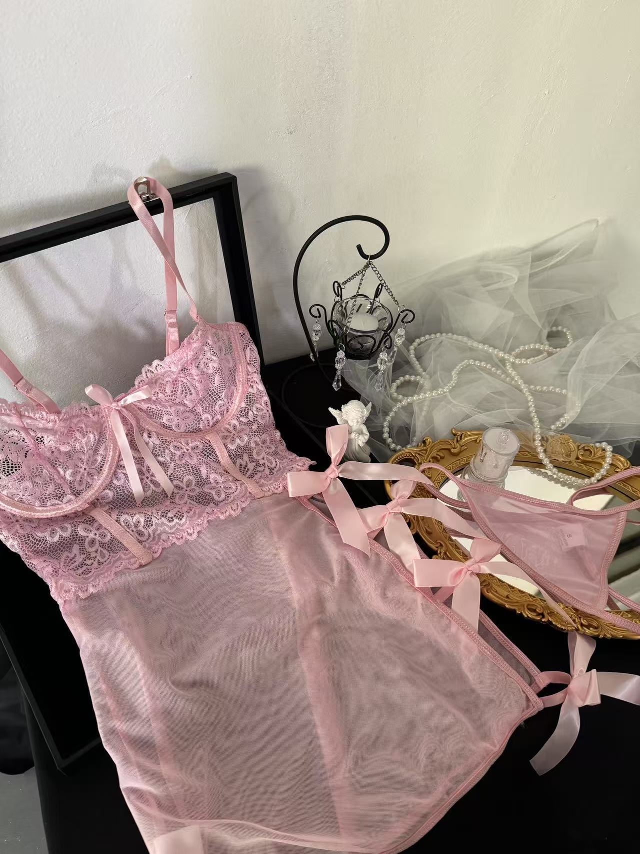 Sensual Transparent Lace Splicing Lingerie with Thong and Thin Sleepwear Bow Backless - Kyla Lingerie Skirt Set eprolo