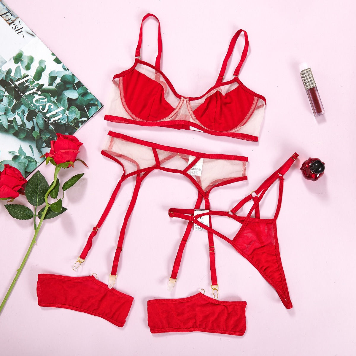 New Color Contrast Mesh Summer Underwear Sexy Perspective Fun Three Piece Set eprolo