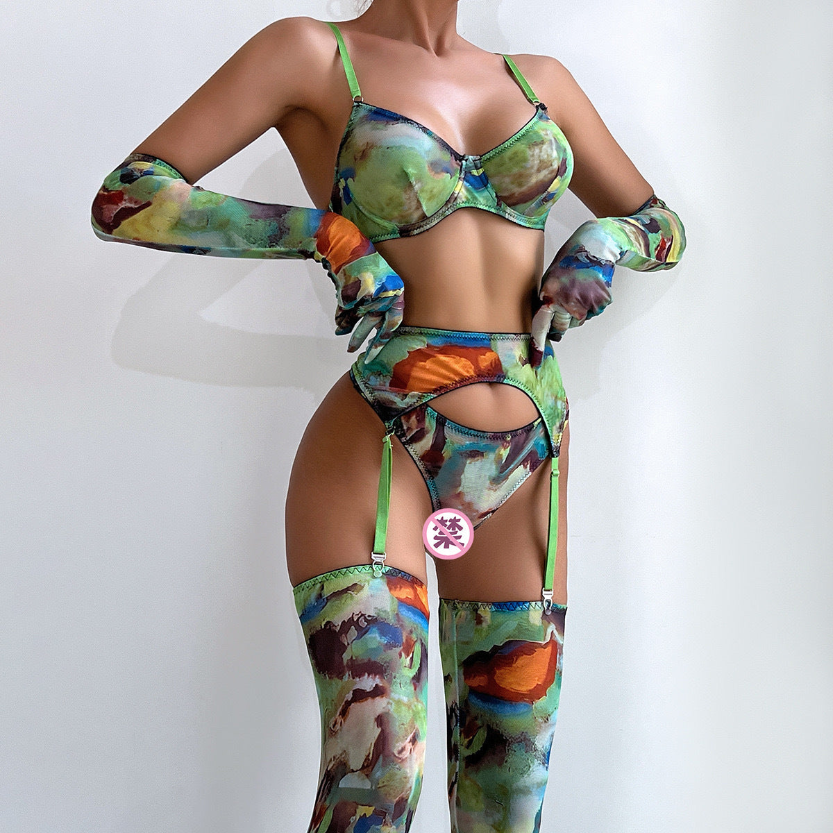 Tie-Dye Colorful Small Bust Gathering Mesh Sexy Lingerie Five-Piece Set for Women eprolo
