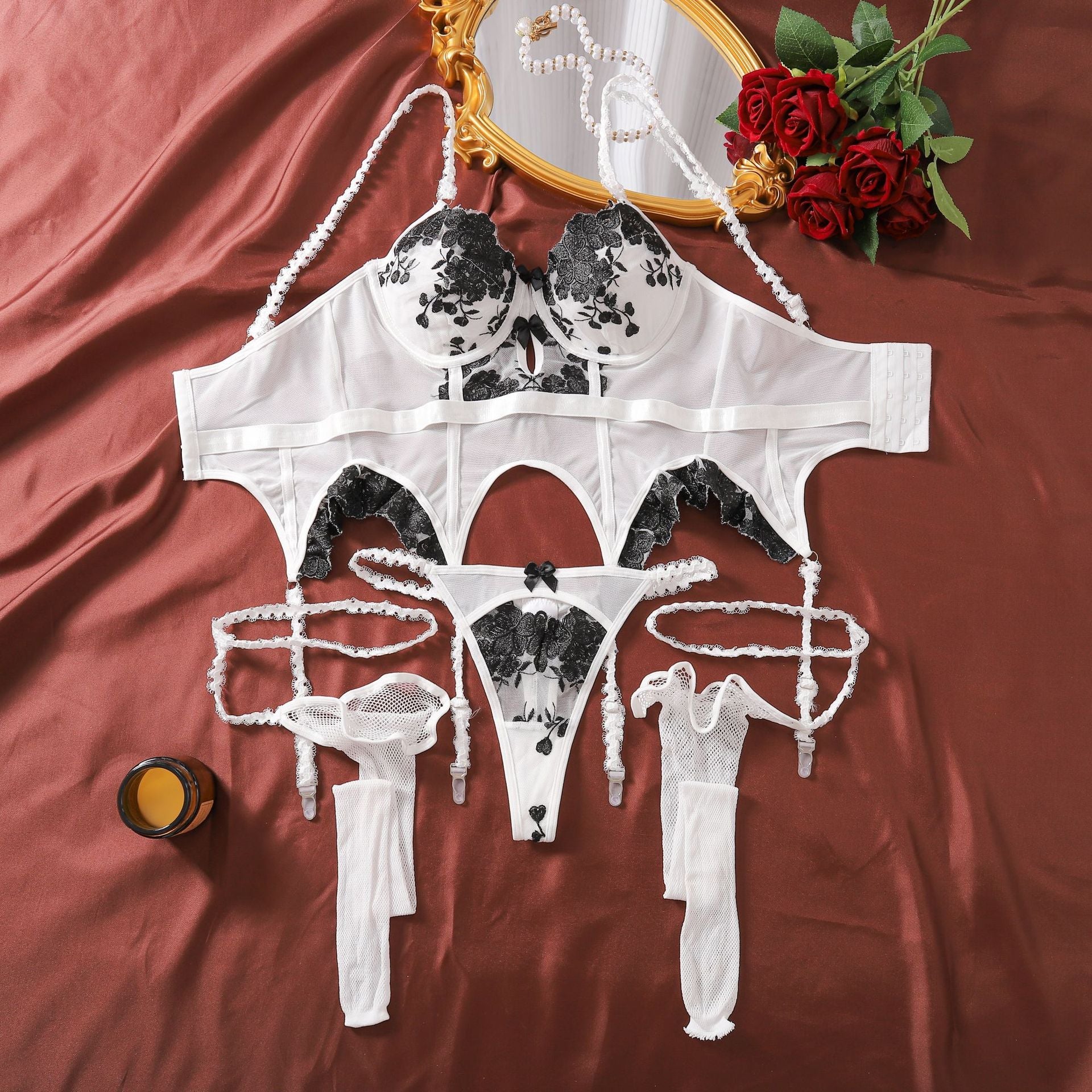 Black and White Embroidered Flower Sexy Lingerie Set with Leg Garters - Three Piece Set eprolo
