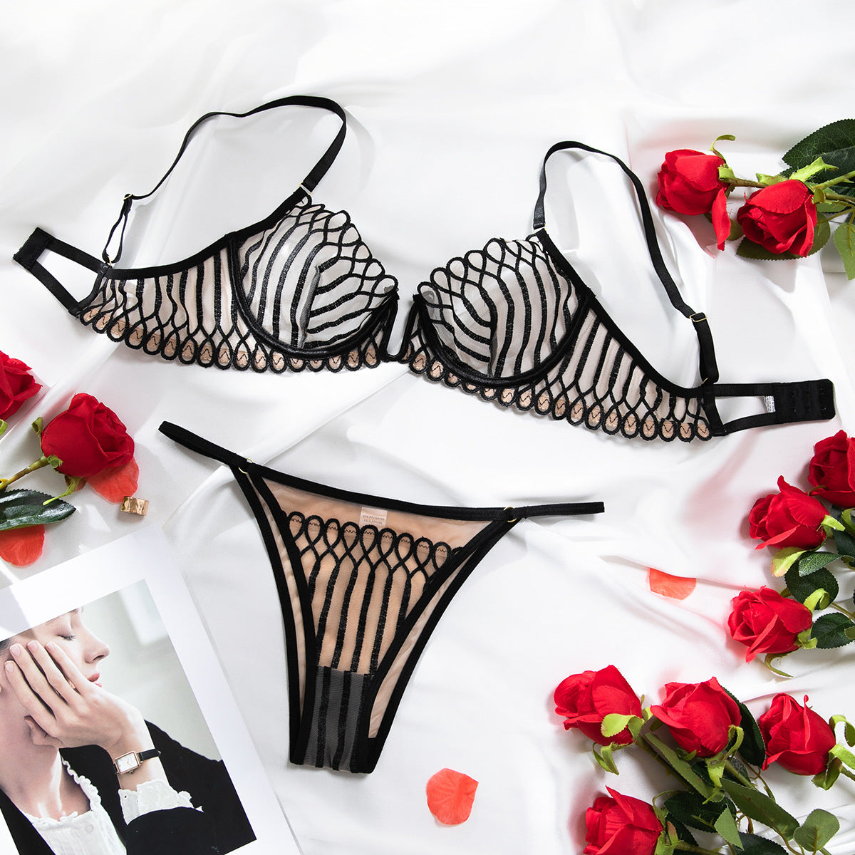 Shell Lace Bra Set - Ultra-thin Mesh Embroidered Underwire Gathered Sexy Deep U Transparent Bra Suit eprolo