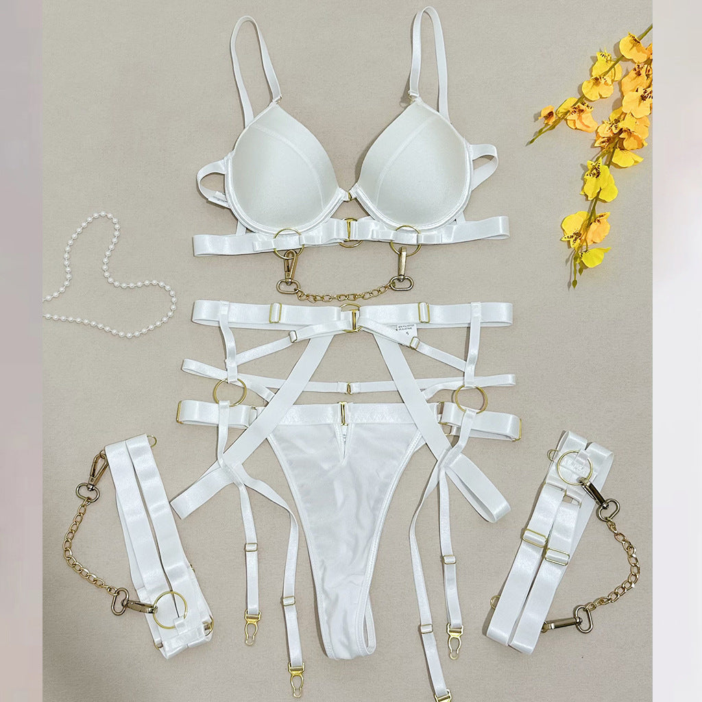 Sexy  Metal Chain Motorcycle Accessories Complex Craft Front Button Erotic Underwear Four-Piece Set eprolo
