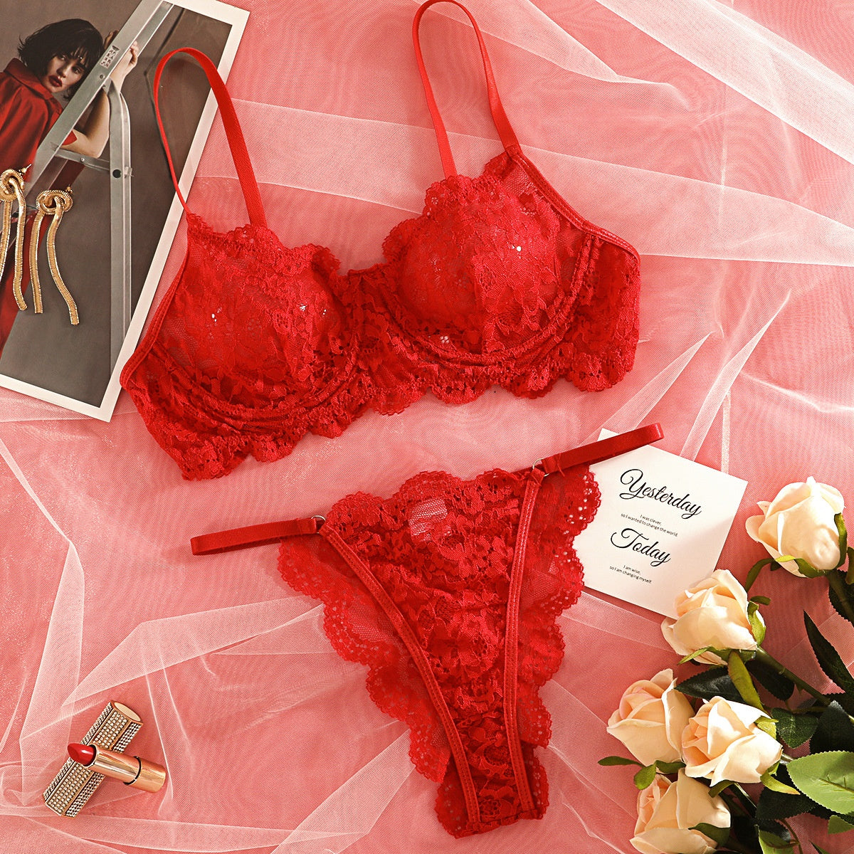 Sheer lace trim lingerie set for women with delicate lace details, featuring a matching bra and panties from eprolo.