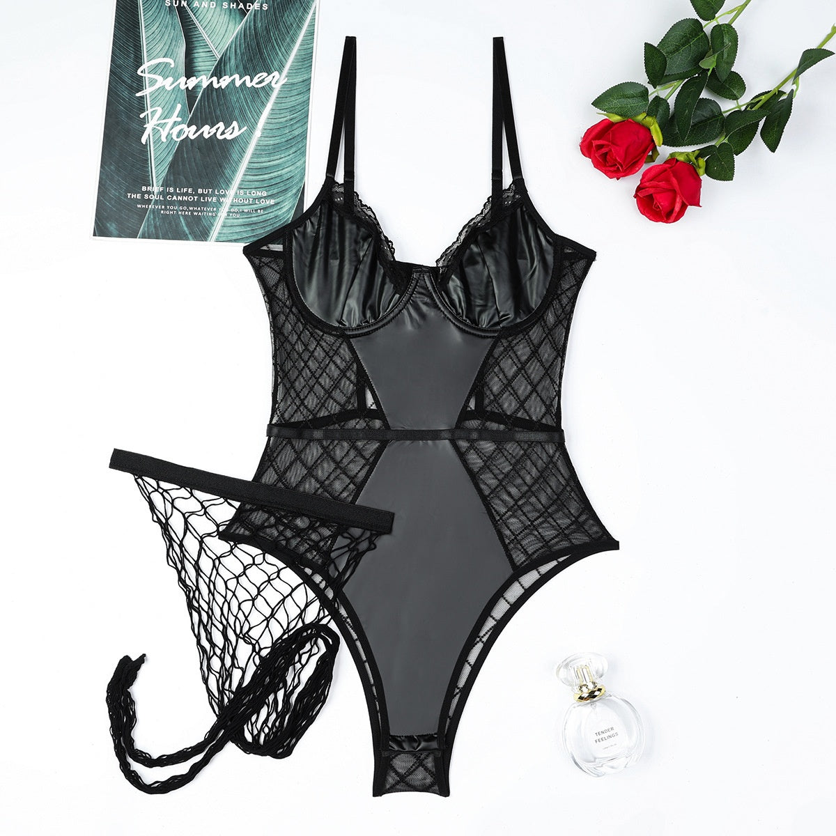 Sexy Grid Spliced Black PU Leather Lace Tight-Fitting Strapless Jumpsuit Set