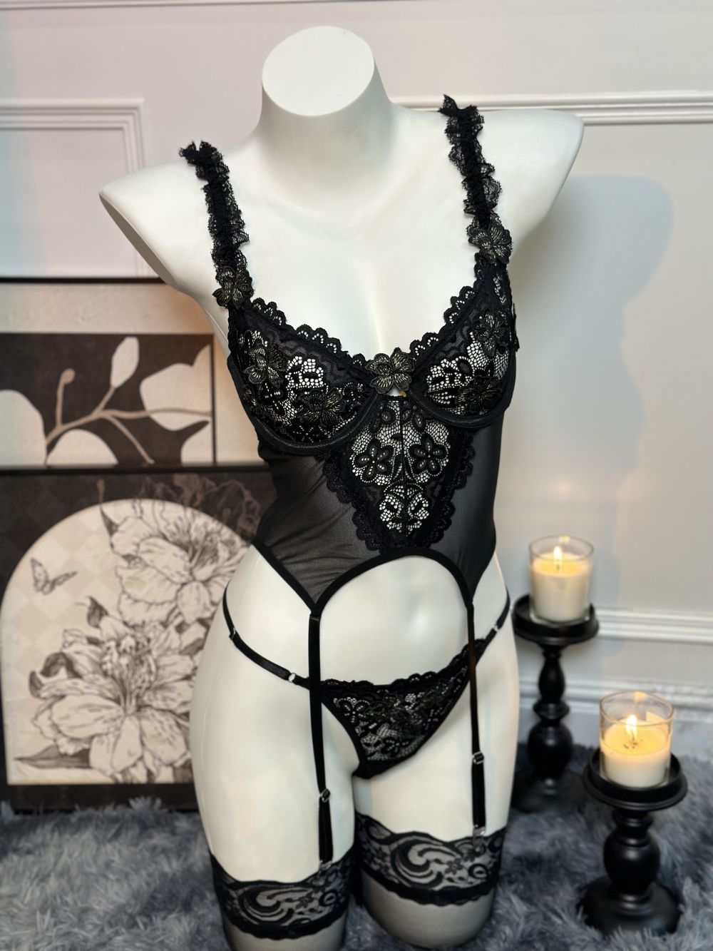 Floral Embroidery Lingerie Set with Lace Splicing Transparent Gathered Bra Three-Piece Set eprolo