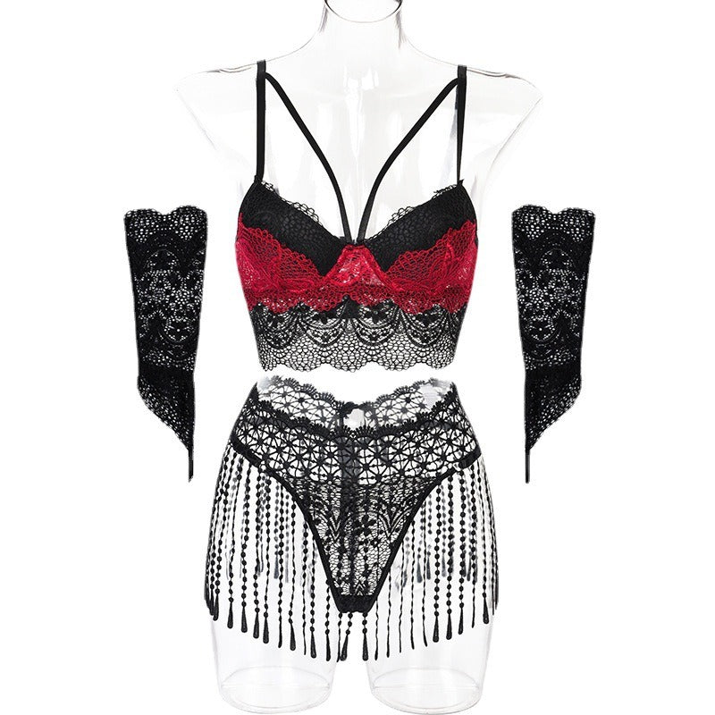 Eprolo erotic lingerie 5-piece set with lace splicing, tassel waistband, and matching gloves on a model.