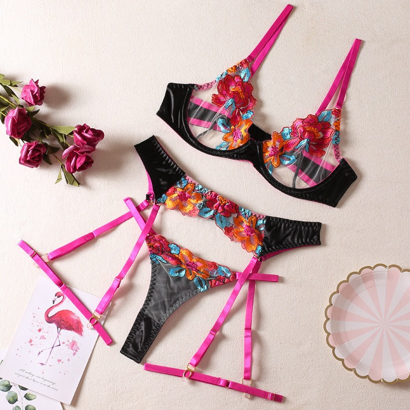 Sexy Colorful Embroidered Large Flowers With Steel Ring Bra Garter Belt Leggings Thong Erotic Underwear 4Pcs Set eprolo