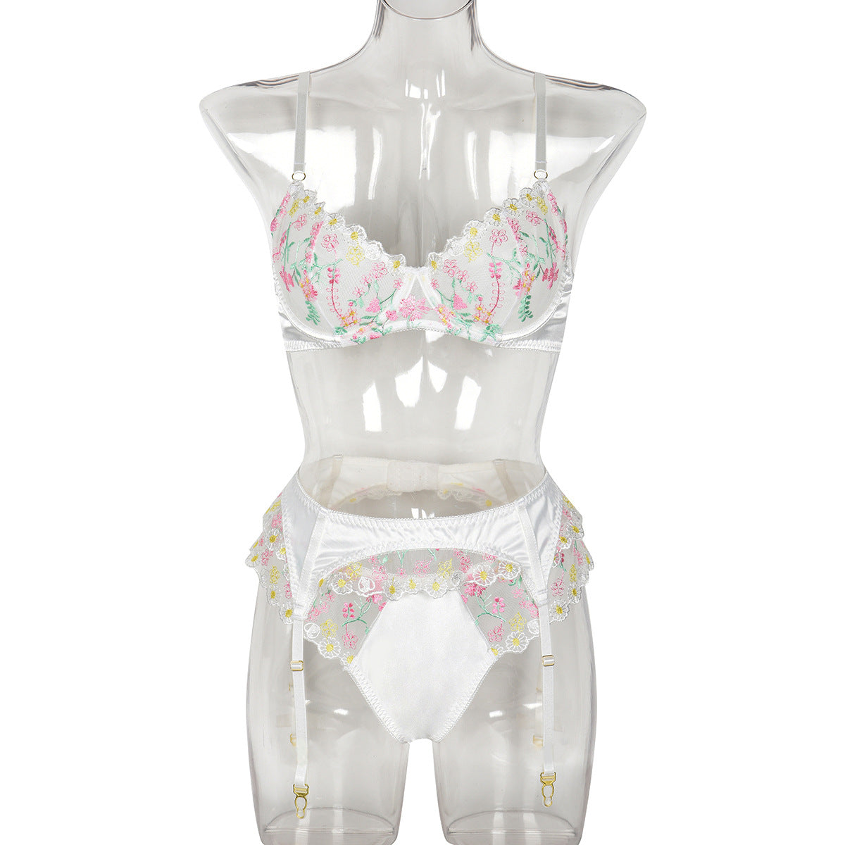 Women's Fashionable Lingerie Set with Elegant Embroidered Flowers and Satin Splicing - Sweet and Fresh Three-Piece Set