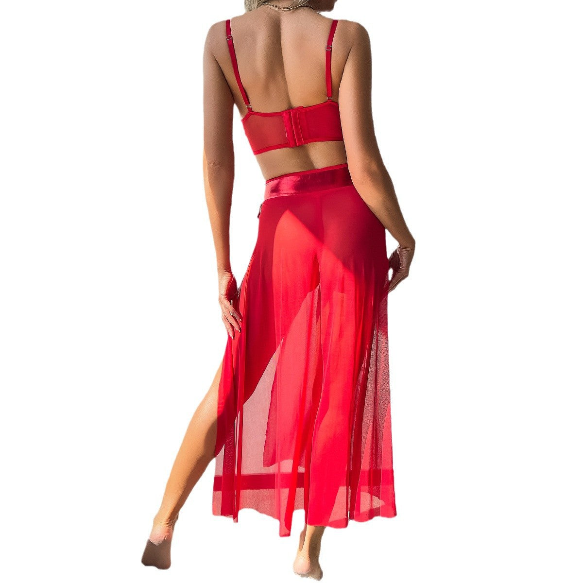 European and American Style Costume Dressing Party Red High-Waisted Slit Sheer Skirt Three-Piece Set Women's Lingerie eprolo