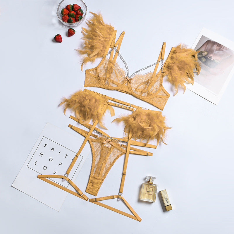 Feather Sexy Lingerie with Chain Lace Transparent Mesh Set for Women eprolo
