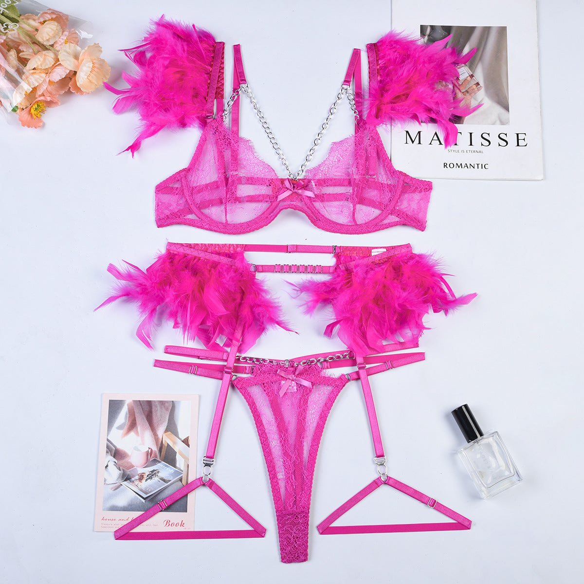 Feather Sexy Lingerie with Chain Lace Transparent Mesh Set for Women eprolo